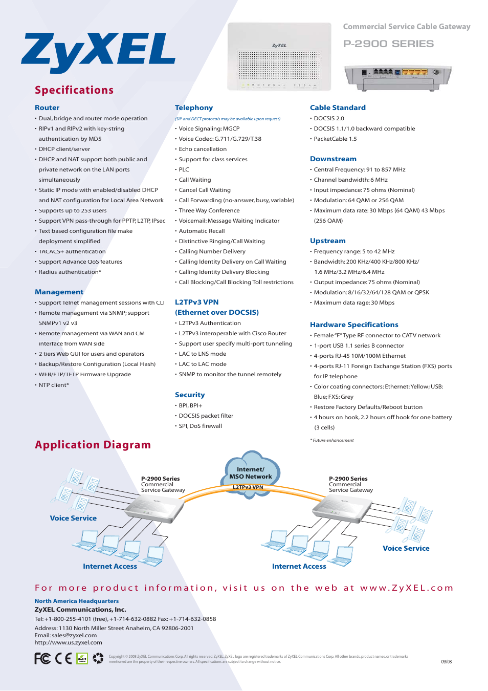 Specifications application diagram, P-2900 series, Commercial service cable gateway | ZyXEL Communications P-2900 User Manual | Page 2 / 2