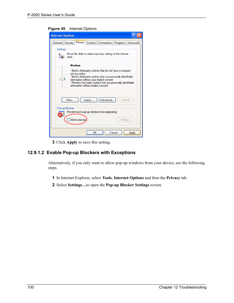 2 enable pop-up blockers with exceptions, Figure 45 internet options | ZyXEL Communications Prestige 2002 User Manual | Page 100 / 168