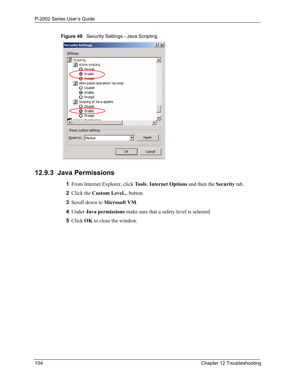 3 java permissions, Figure 49 security settings - java scripting | ZyXEL Communications Prestige 2002 User Manual | Page 104 / 168