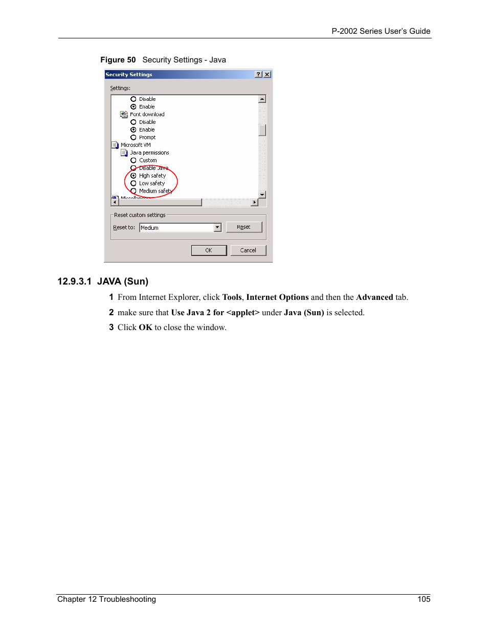 1 java (sun), Figure 50 security settings - java | ZyXEL Communications Prestige 2002 User Manual | Page 105 / 168
