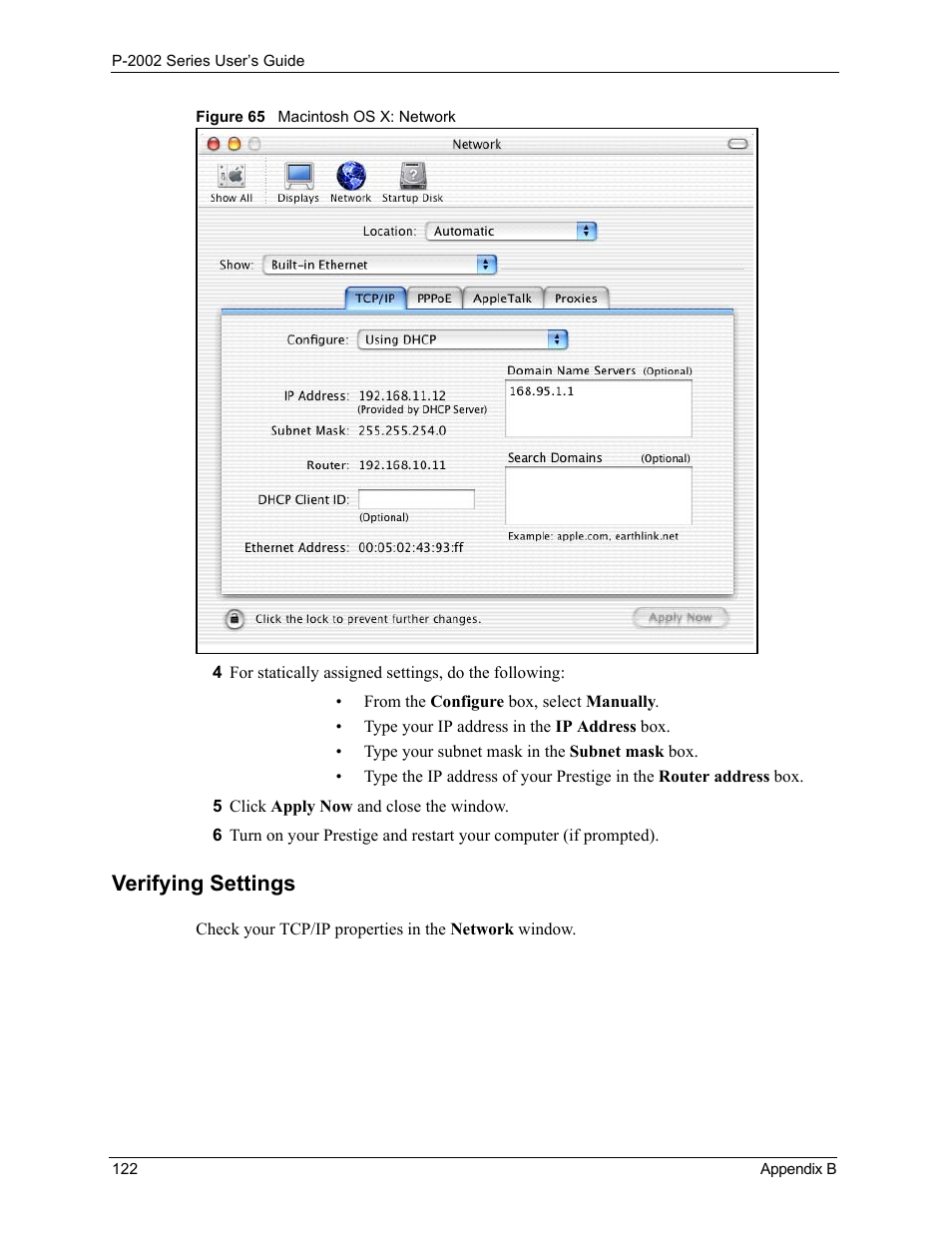 Figure 65 macintosh os x: network, Verifying settings | ZyXEL Communications Prestige 2002 User Manual | Page 122 / 168