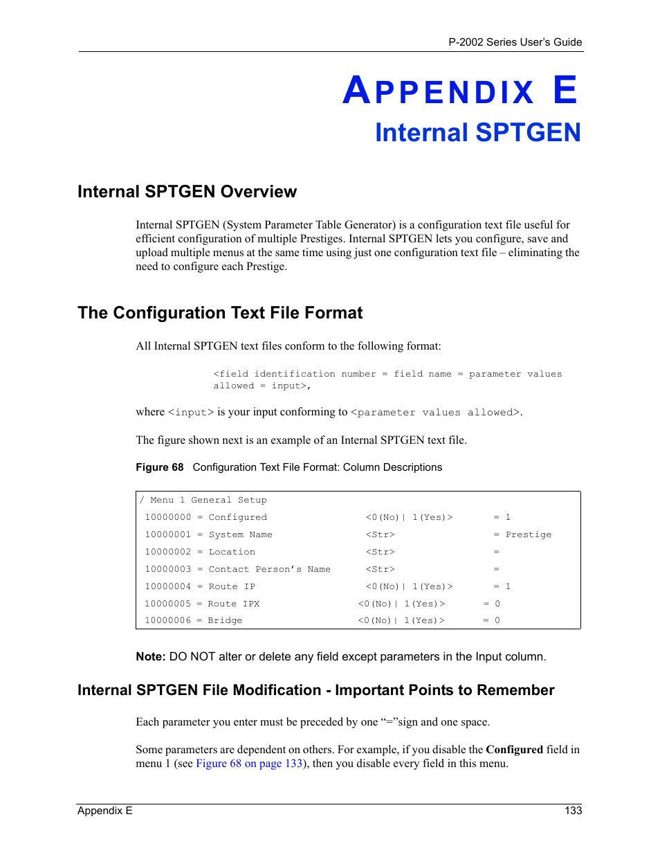 Internal sptgen, Appendix e internal sptgen, Internal sptgen overview | The configuration text file format | ZyXEL Communications Prestige 2002 User Manual | Page 133 / 168
