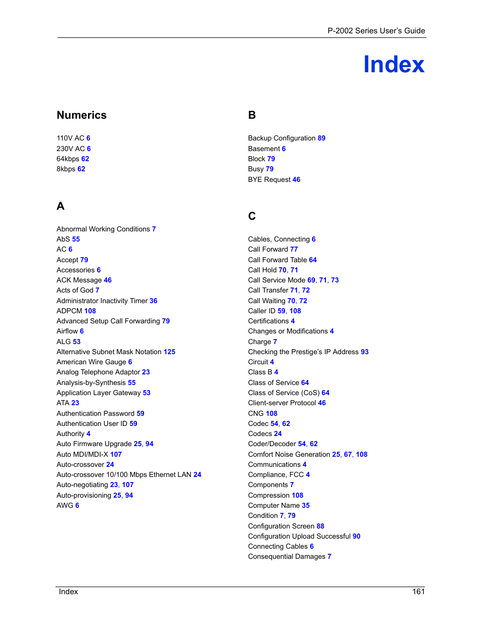 Index, Numerics | ZyXEL Communications Prestige 2002 User Manual | Page 161 / 168