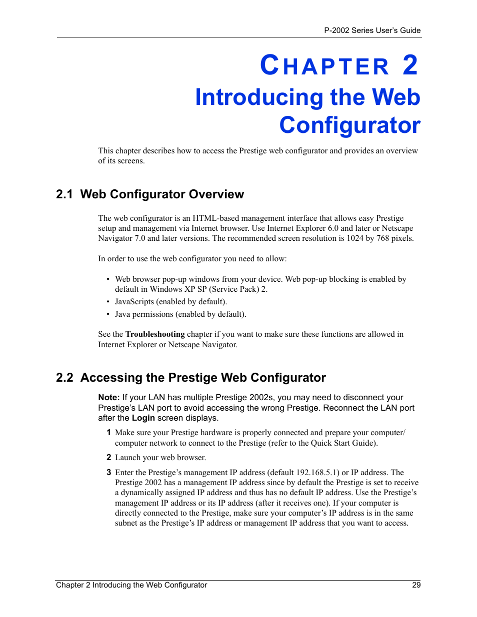 Introducing the web configurator, 1 web configurator overview, 2 accessing the prestige web configurator | Chapter 2 introducing the web configurator | ZyXEL Communications Prestige 2002 User Manual | Page 29 / 168