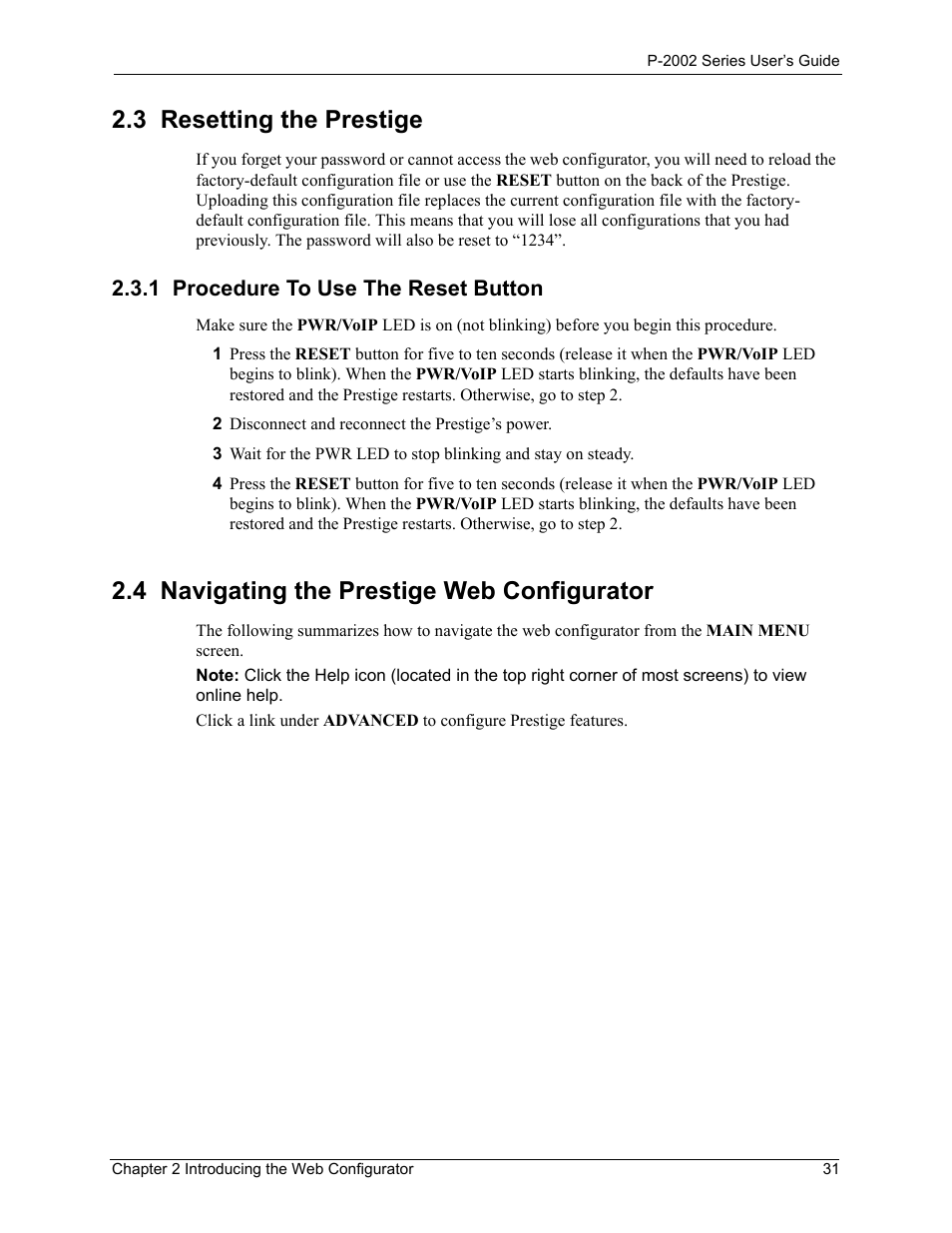 3 resetting the prestige, 1 procedure to use the reset button, 4 navigating the prestige web configurator | ZyXEL Communications Prestige 2002 User Manual | Page 31 / 168