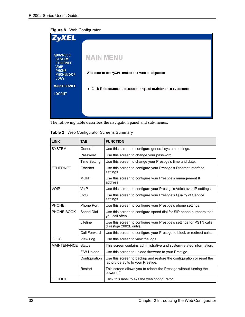 Figure 8 web configurator, Table 2 web configurator screens summary | ZyXEL Communications Prestige 2002 User Manual | Page 32 / 168