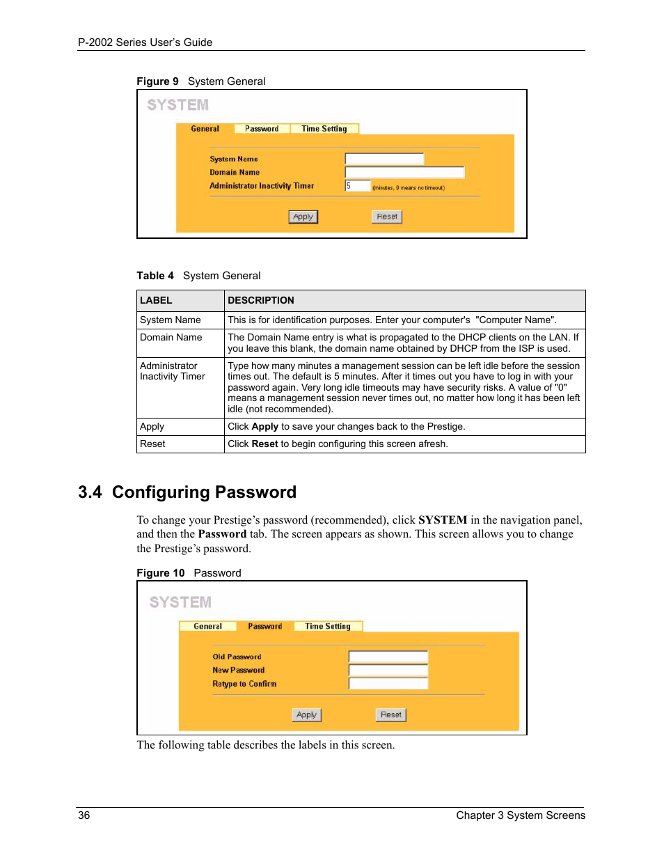 4 configuring password, Figure 9 system general figure 10 password, Table 4 system general | ZyXEL Communications Prestige 2002 User Manual | Page 36 / 168