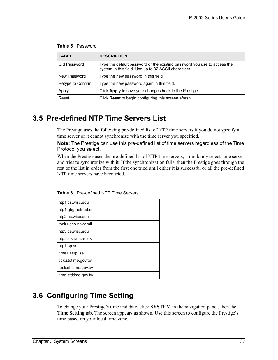 5 pre-defined ntp time servers list, 6 configuring time setting | ZyXEL Communications Prestige 2002 User Manual | Page 37 / 168