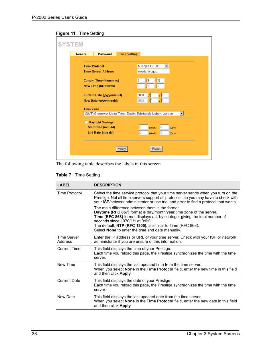 Figure 11 time setting, Table 7 time setting | ZyXEL Communications Prestige 2002 User Manual | Page 38 / 168