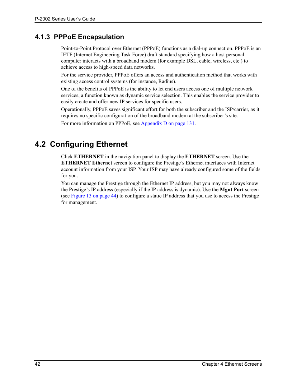3 pppoe encapsulation, 2 configuring ethernet | ZyXEL Communications Prestige 2002 User Manual | Page 42 / 168