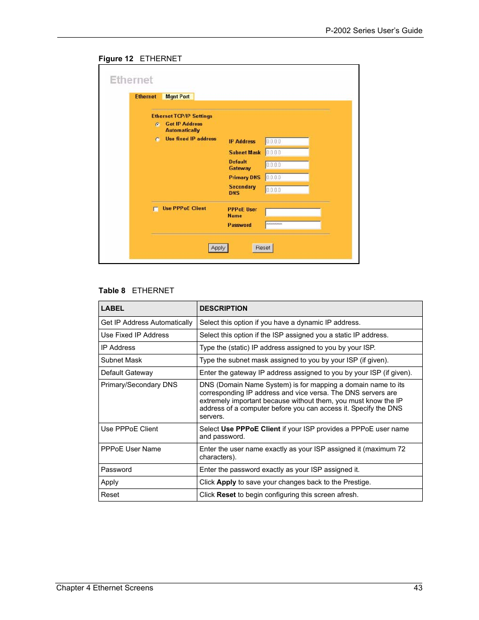Figure 12 ethernet, Table 8 ethernet | ZyXEL Communications Prestige 2002 User Manual | Page 43 / 168