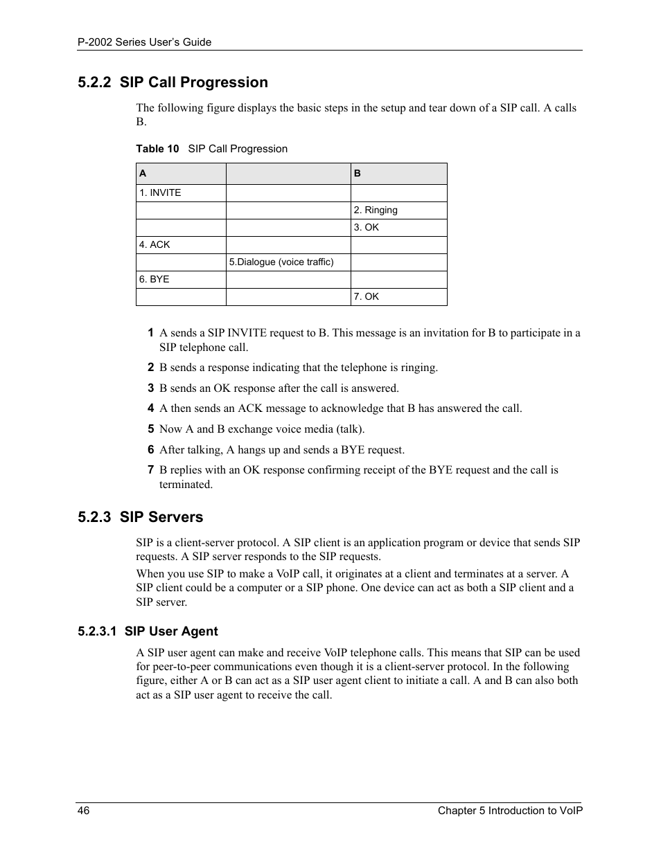2 sip call progression, 3 sip servers, 1 sip user agent | 2 sip call progression 5.2.3 sip servers, Table 10 sip call progression | ZyXEL Communications Prestige 2002 User Manual | Page 46 / 168