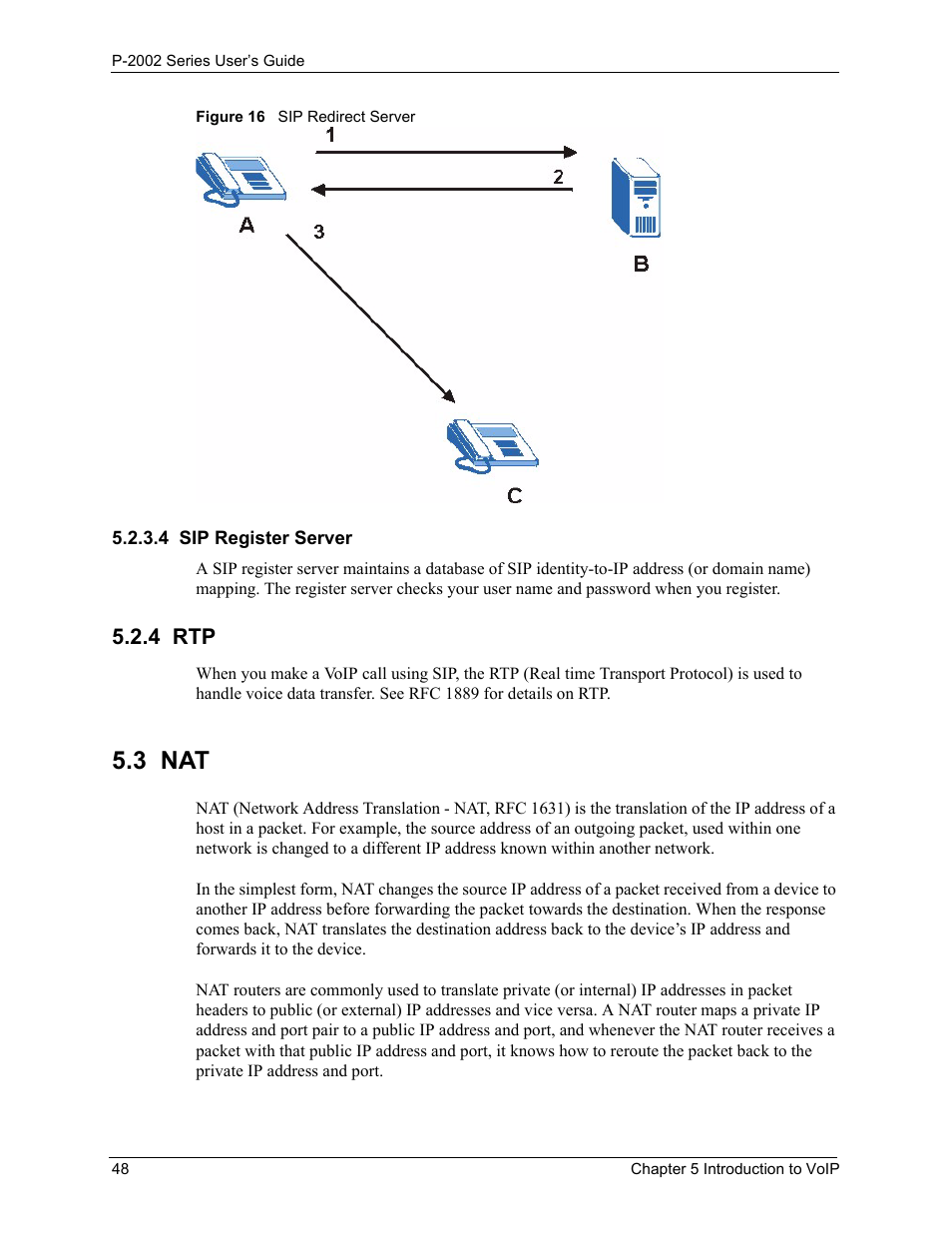 4 sip register server, 4 rtp, 3 nat | Figure 16 sip redirect server | ZyXEL Communications Prestige 2002 User Manual | Page 48 / 168