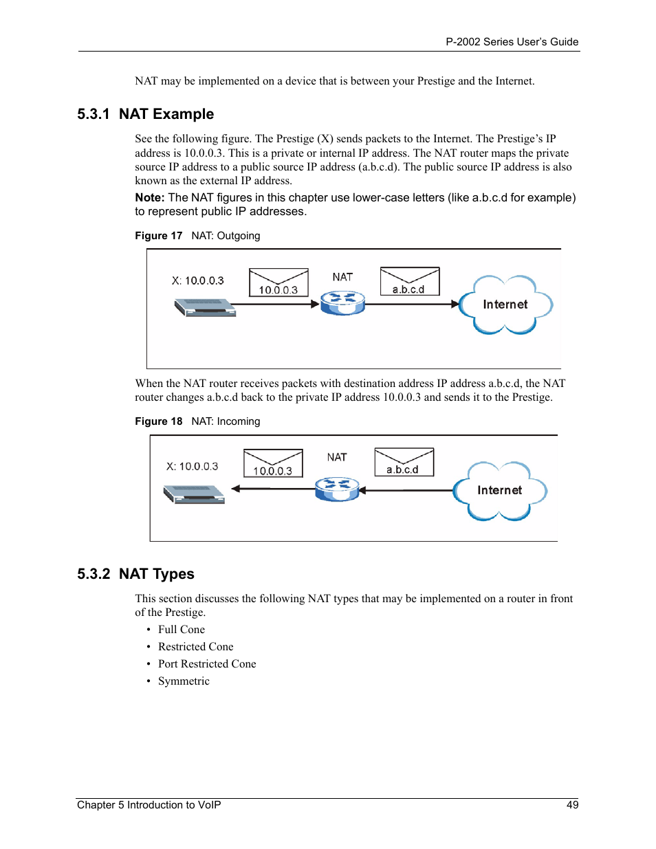 1 nat example, 2 nat types, 1 nat example 5.3.2 nat types | Figure 17 nat: outgoing figure 18 nat: incoming | ZyXEL Communications Prestige 2002 User Manual | Page 49 / 168