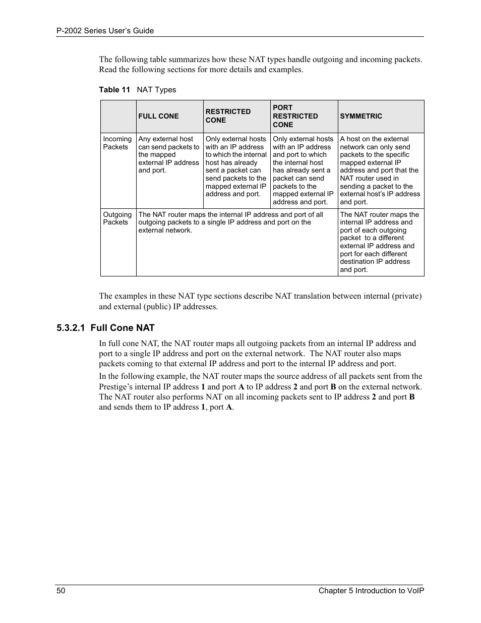 1 full cone nat, Table 11 nat types | ZyXEL Communications Prestige 2002 User Manual | Page 50 / 168