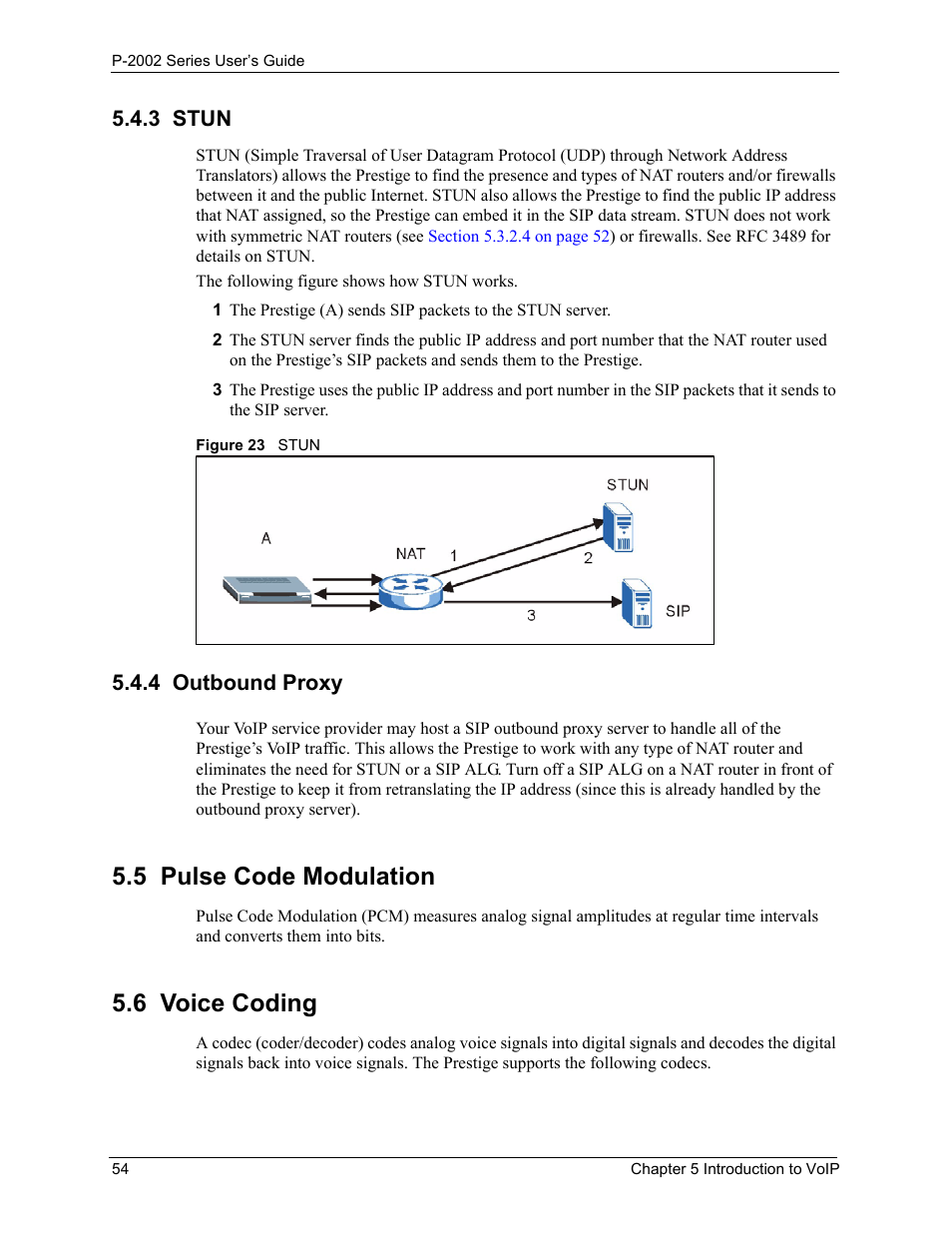 3 stun, 4 outbound proxy, 5 pulse code modulation | 6 voice coding, 3 stun 5.4.4 outbound proxy, Figure 23 stun | ZyXEL Communications Prestige 2002 User Manual | Page 54 / 168