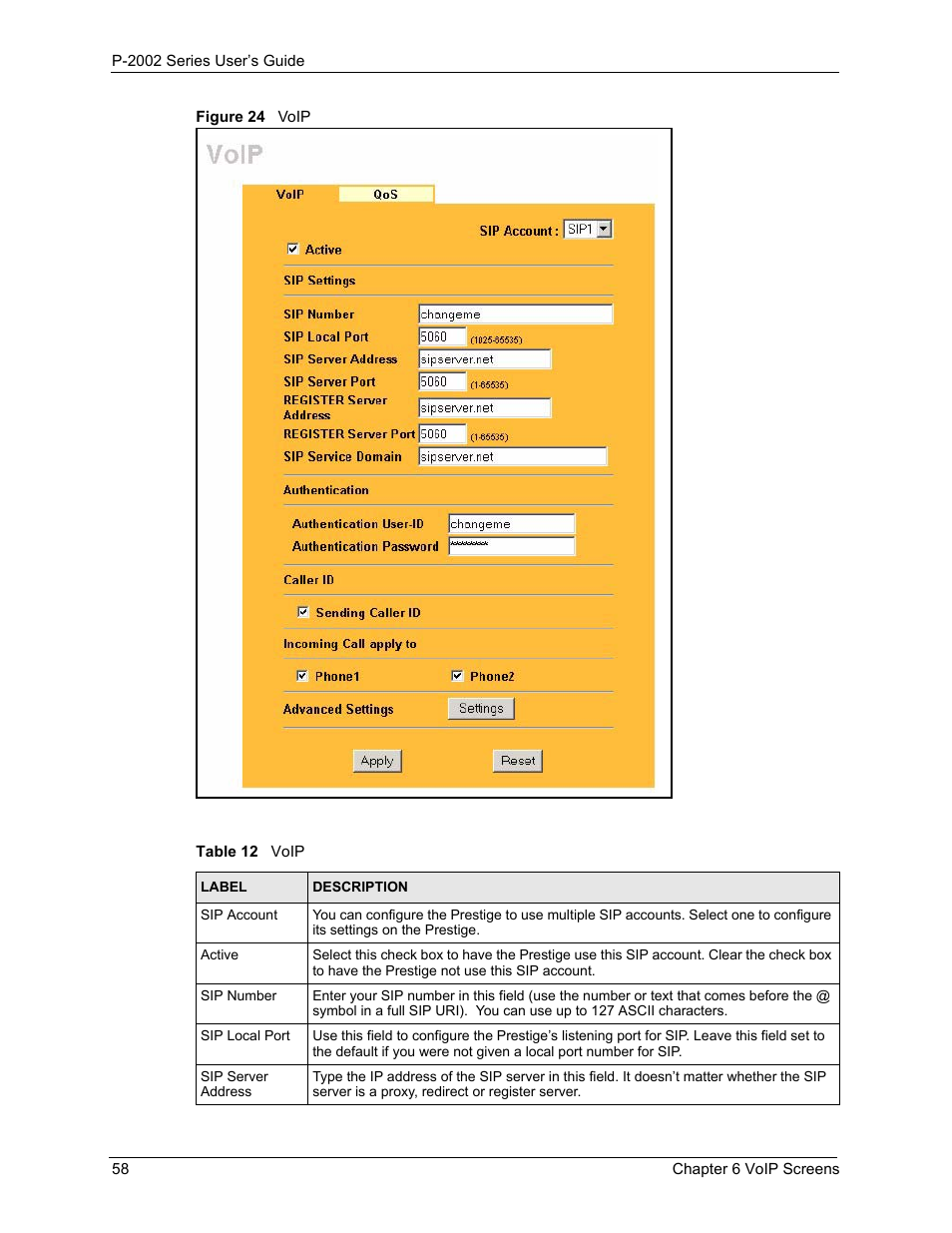 Figure 24 voip, Table 12 voip | ZyXEL Communications Prestige 2002 User Manual | Page 58 / 168