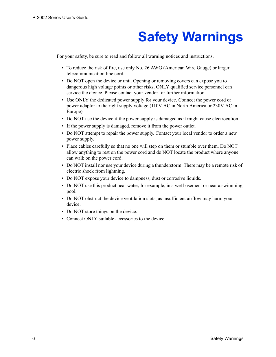 Safety warnings | ZyXEL Communications Prestige 2002 User Manual | Page 6 / 168