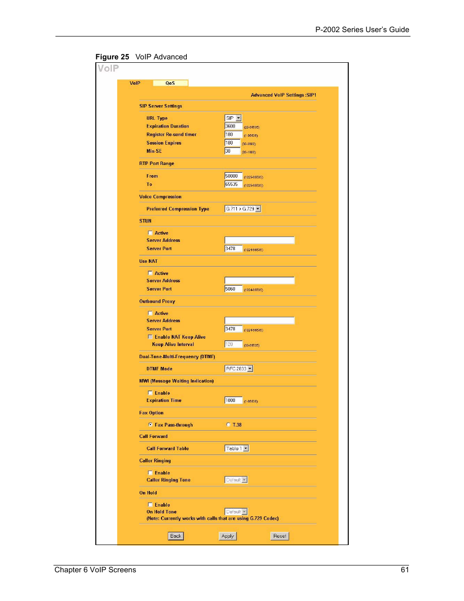 Figure 25 voip advanced | ZyXEL Communications Prestige 2002 User Manual | Page 61 / 168
