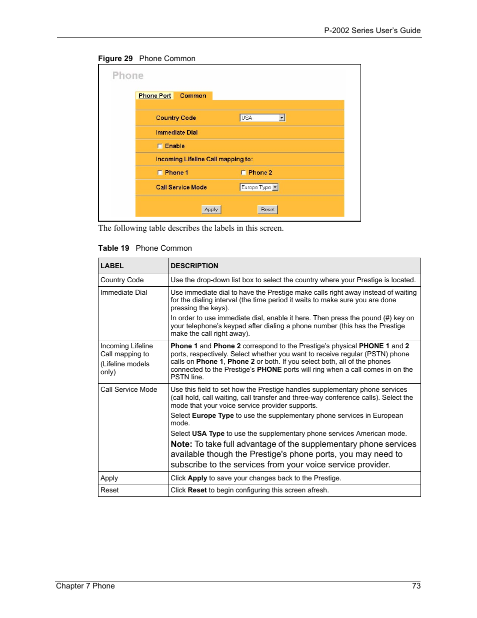 Figure 29 phone common, Table 18 phone common | ZyXEL Communications Prestige 2002 User Manual | Page 73 / 168