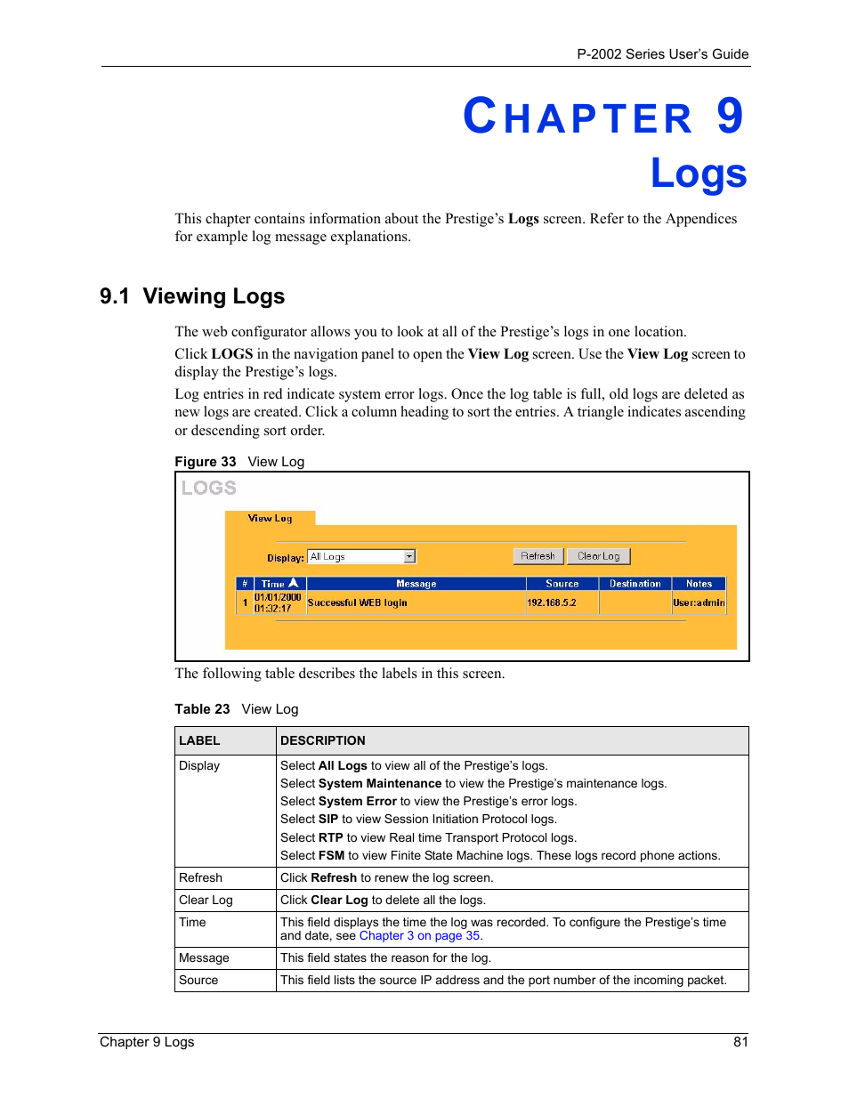 Logs, 1 viewing logs, Chapter 9 logs | Figure 33 view log, Table 22 view log | ZyXEL Communications Prestige 2002 User Manual | Page 81 / 168