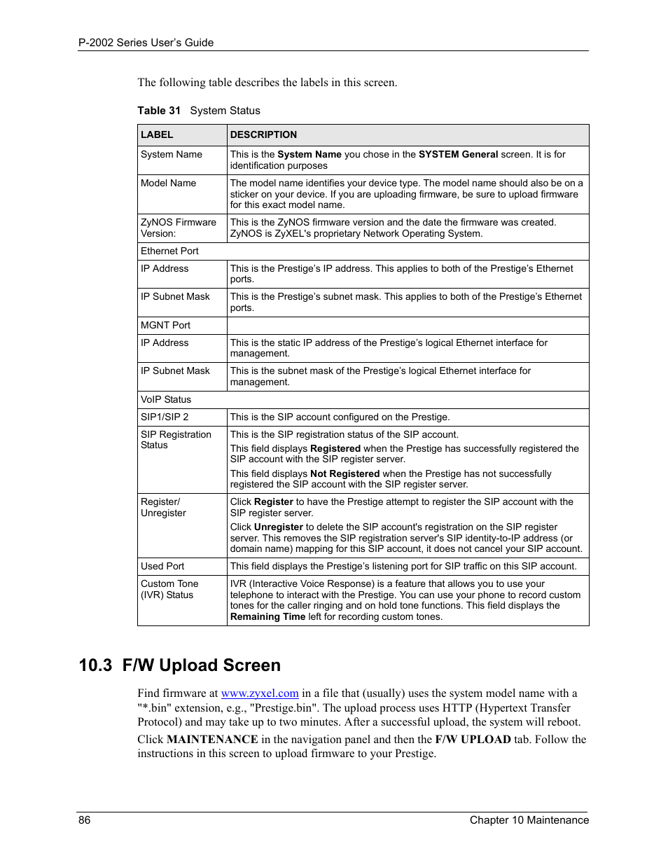 3 f/w upload screen, Table 30 system status | ZyXEL Communications Prestige 2002 User Manual | Page 86 / 168