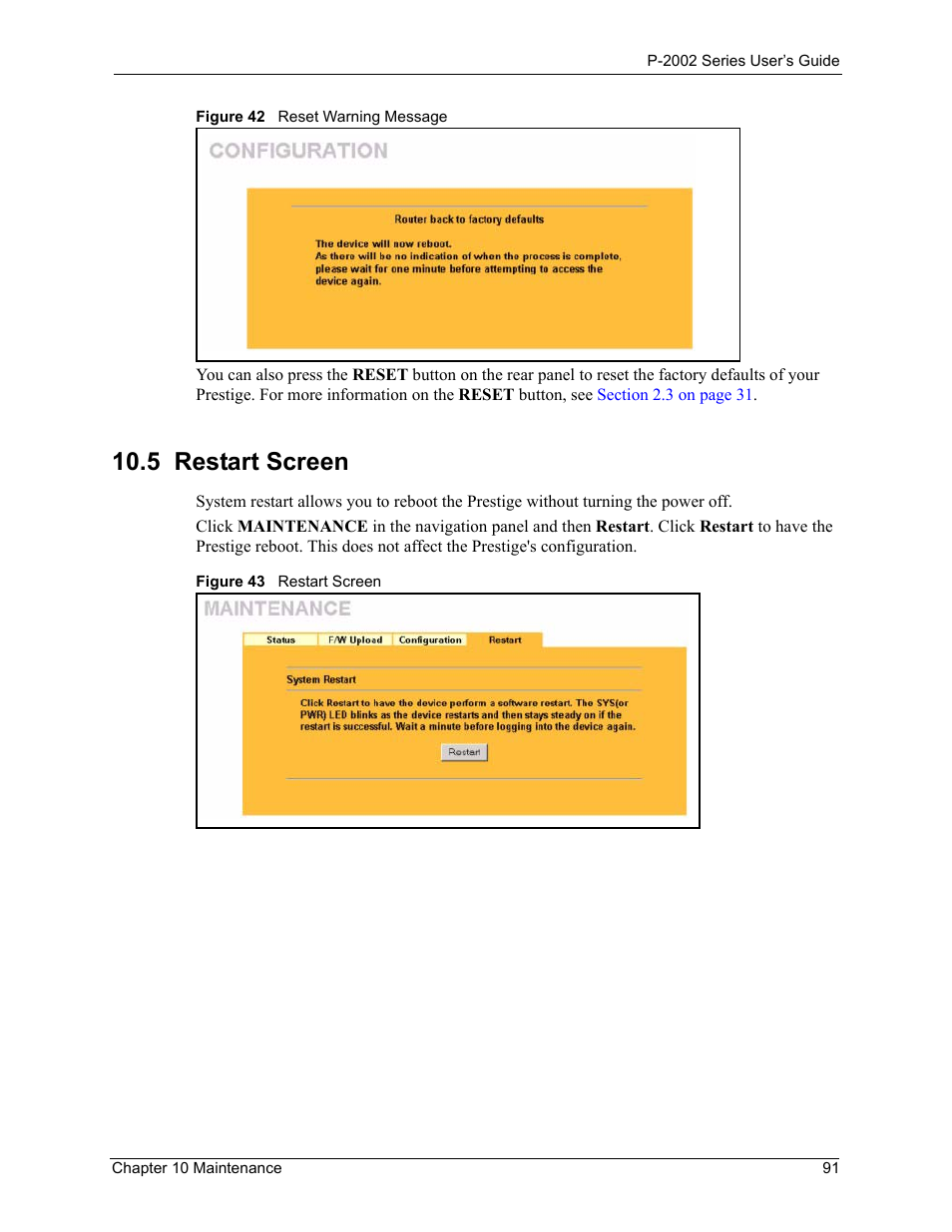 5 restart screen | ZyXEL Communications Prestige 2002 User Manual | Page 91 / 168
