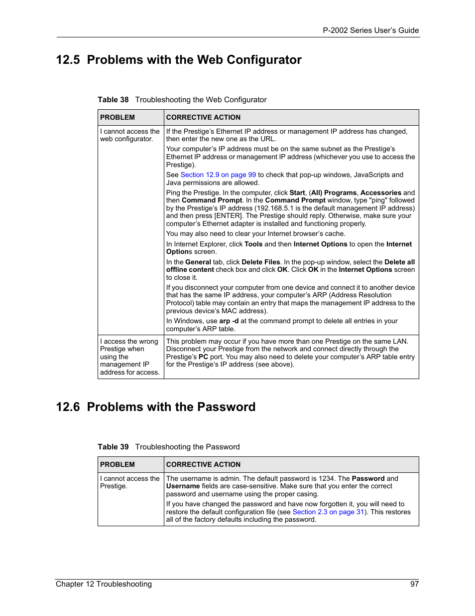 5 problems with the web configurator, 6 problems with the password | ZyXEL Communications Prestige 2002 User Manual | Page 97 / 168