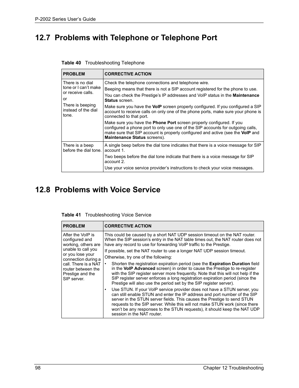 7 problems with telephone or telephone port, 8 problems with voice service | ZyXEL Communications Prestige 2002 User Manual | Page 98 / 168
