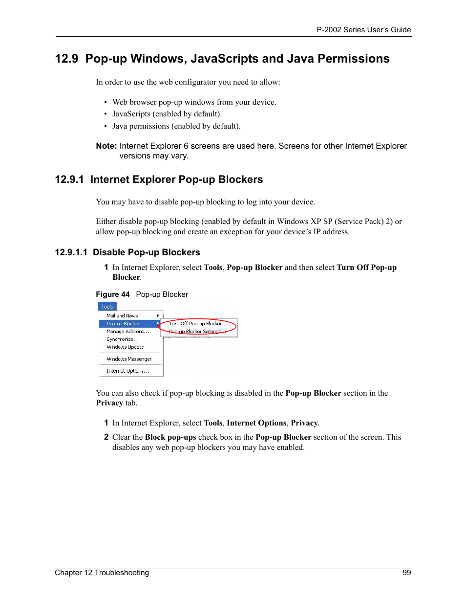 9 pop-up windows, javascripts and java permissions, 1 internet explorer pop-up blockers, 1 disable pop-up blockers | Figure 44 pop-up blocker | ZyXEL Communications Prestige 2002 User Manual | Page 99 / 168