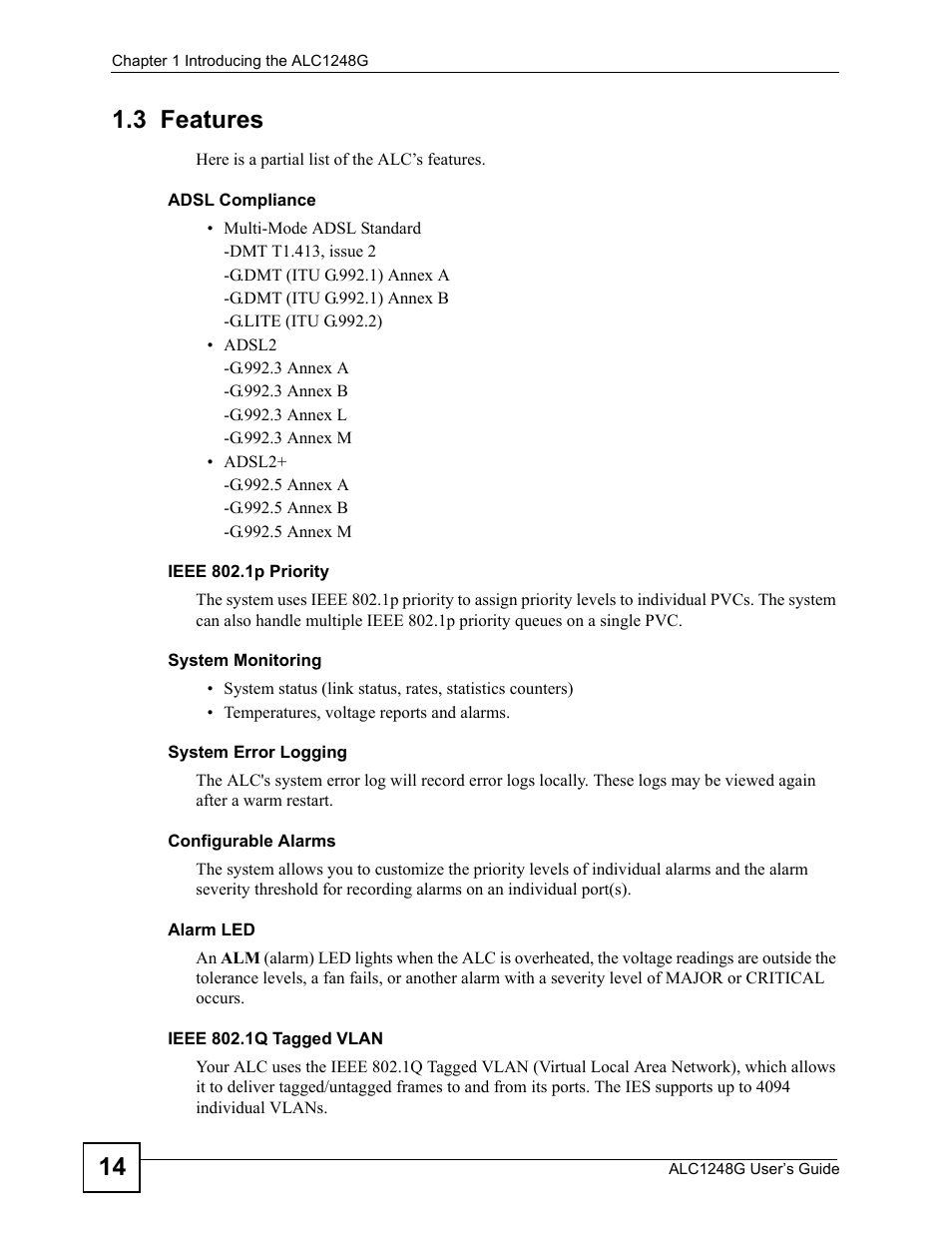 3 features, 14 1.3 features | ZyXEL Communications ALC1248G User Manual | Page 14 / 46