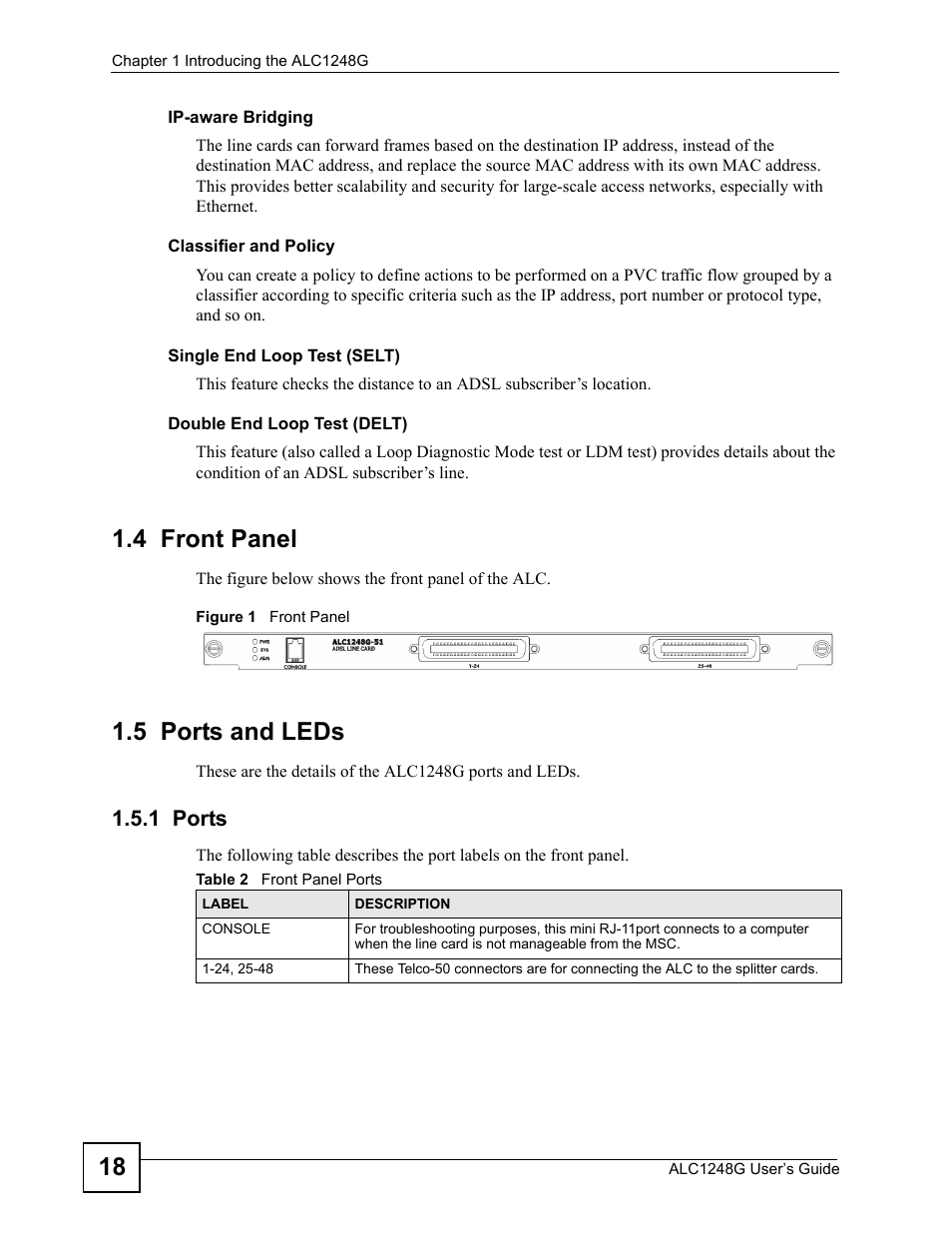 4 front panel, 5 ports and leds, 1 ports | 4 front panel 1.5 ports and leds, Figure 1 front panel, Table 2 front panel ports | ZyXEL Communications ALC1248G User Manual | Page 18 / 46