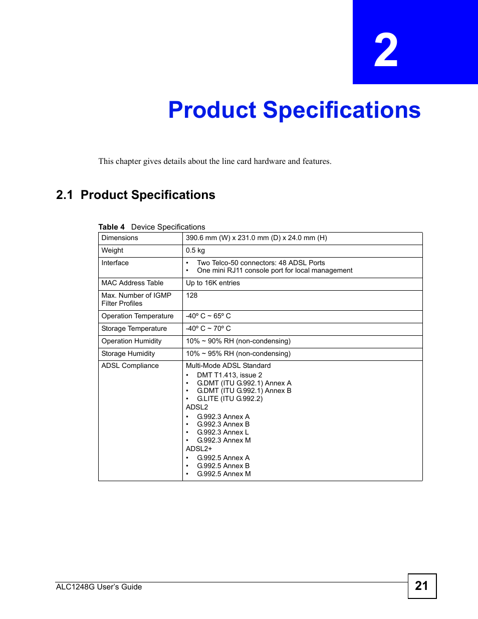 Product specifications, 1 product specifications, Chapter 2 product specifications | Table 4 device specifications | ZyXEL Communications ALC1248G User Manual | Page 21 / 46