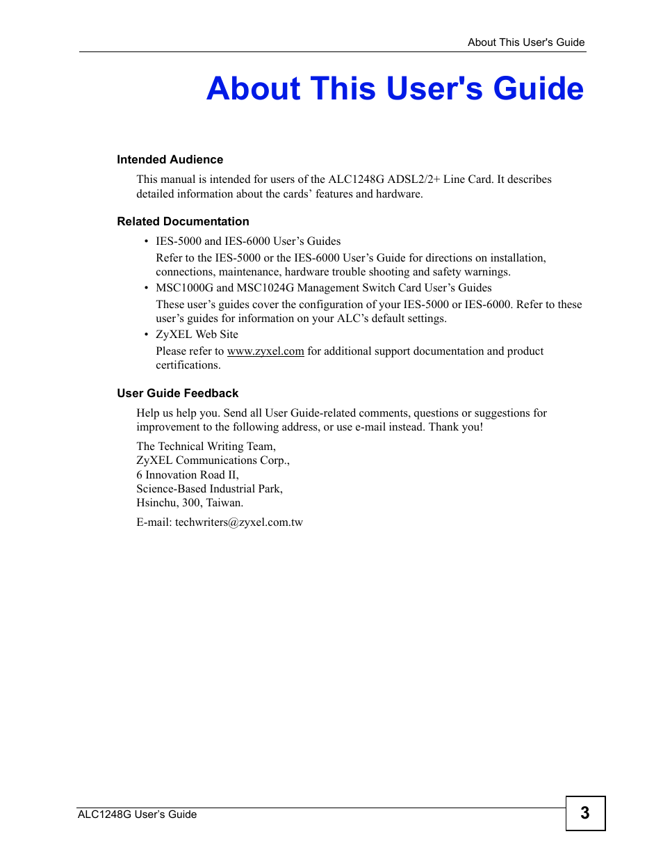 About this user's guide | ZyXEL Communications ALC1248G User Manual | Page 3 / 46