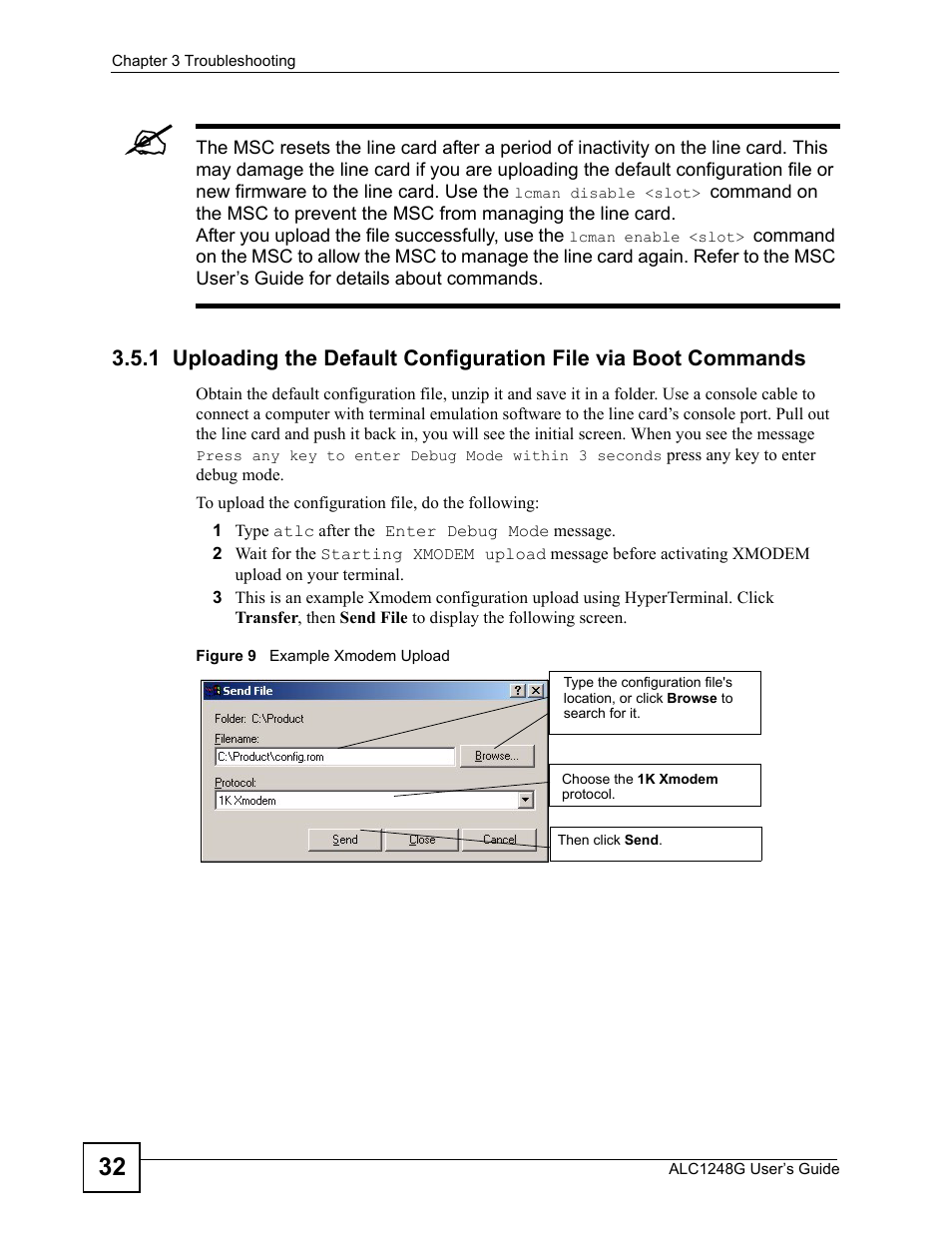 Figure 9 example xmodem upload | ZyXEL Communications ALC1248G User Manual | Page 32 / 46
