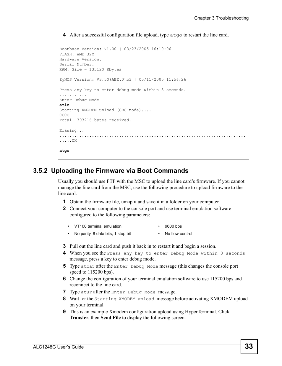 2 uploading the firmware via boot commands | ZyXEL Communications ALC1248G User Manual | Page 33 / 46