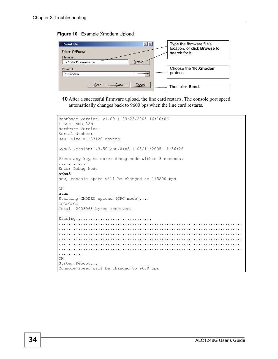 Figure 10 example xmodem upload | ZyXEL Communications ALC1248G User Manual | Page 34 / 46