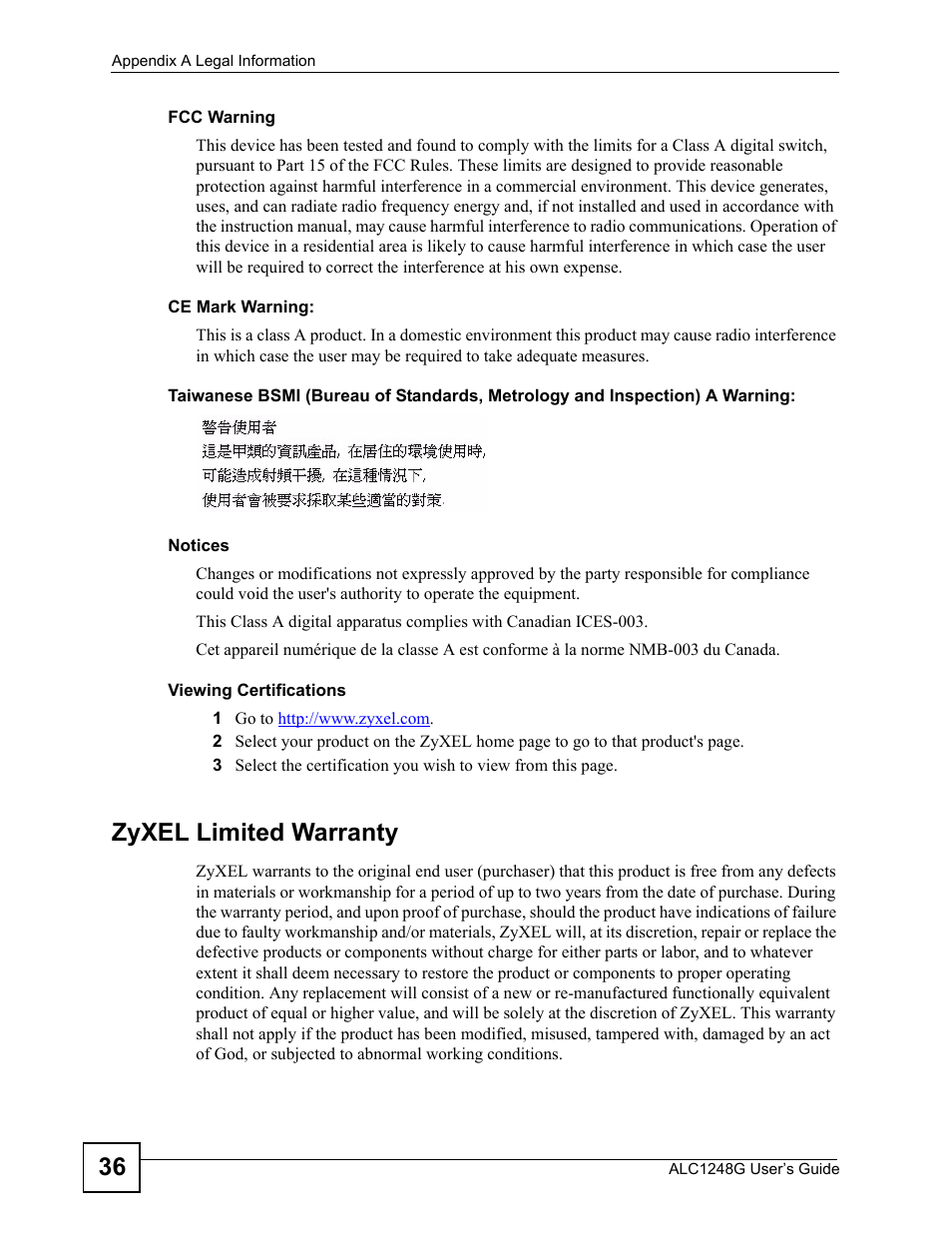 Zyxel limited warranty | ZyXEL Communications ALC1248G User Manual | Page 36 / 46