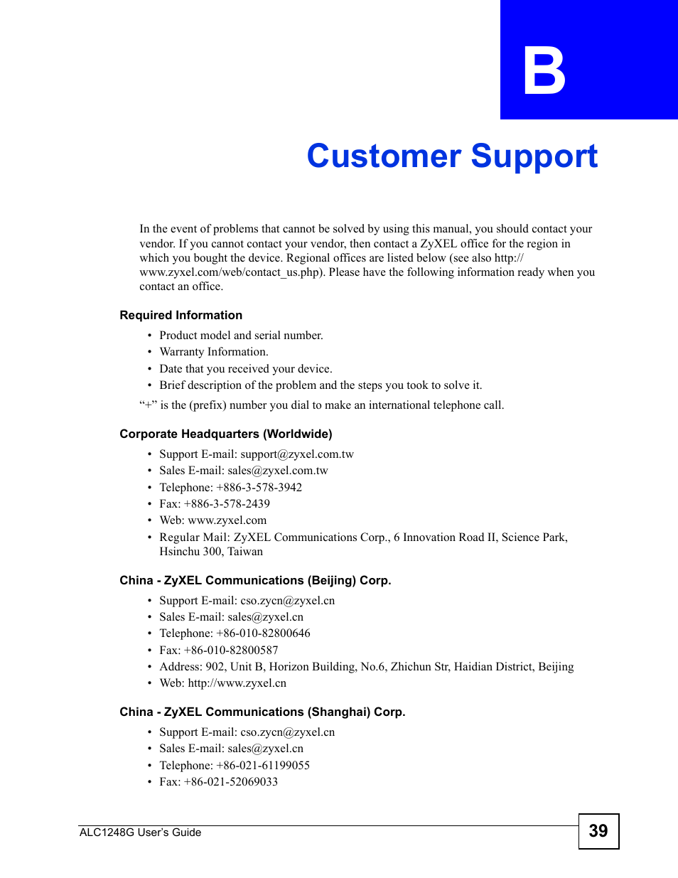 Customer support | ZyXEL Communications ALC1248G User Manual | Page 39 / 46