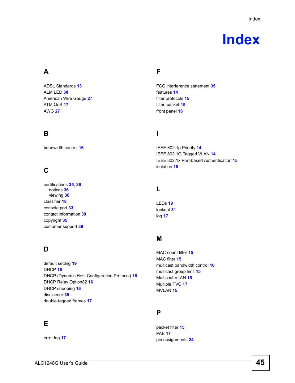 Index | ZyXEL Communications ALC1248G User Manual | Page 45 / 46