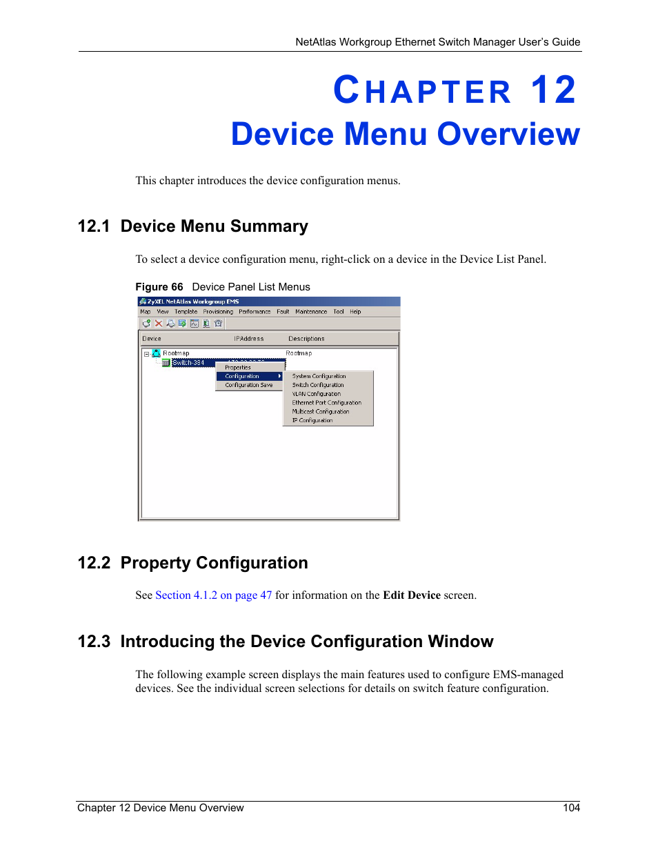 Device menu overview, 1 device menu summary, 2 property configuration | 3 introducing the device configuration window, Chapter 12 device menu overview, Figure 66 device panel list menus | ZyXEL Communications NetAtlas Workgroup User Manual | Page 104 / 199