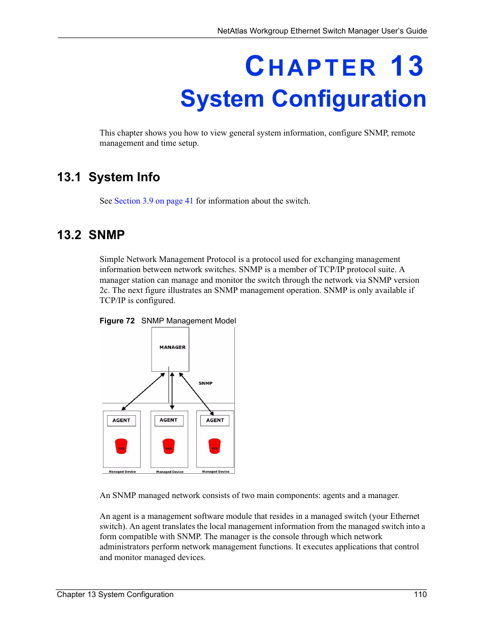 System configuration, 1 system info, 2 snmp | Chapter 13 system configuration, 1 system info 13.2 snmp, Figure 72 snmp management model | ZyXEL Communications NetAtlas Workgroup User Manual | Page 110 / 199