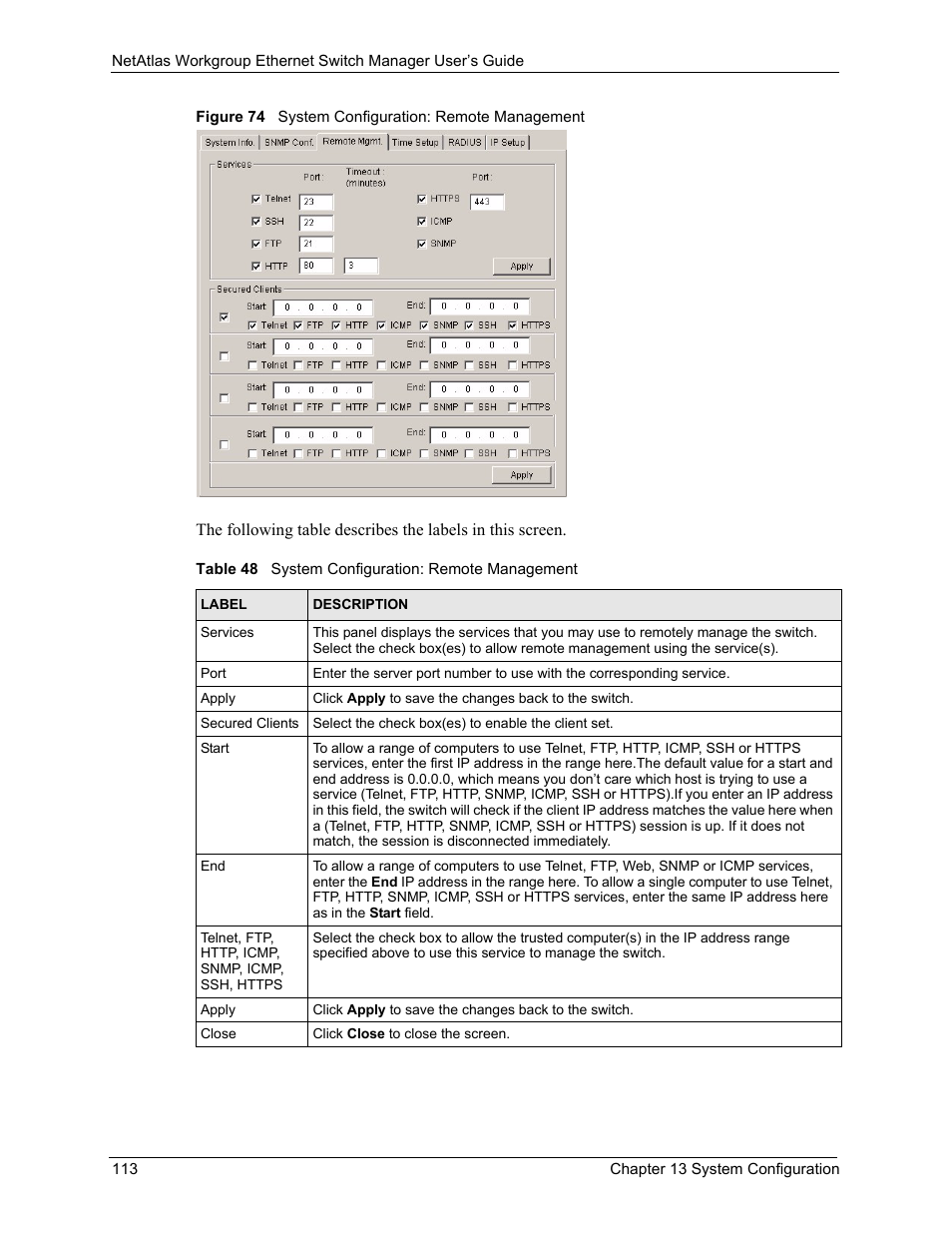Figure 74 system configuration: remote management, Table 48 system configuration: remote management | ZyXEL Communications NetAtlas Workgroup User Manual | Page 113 / 199