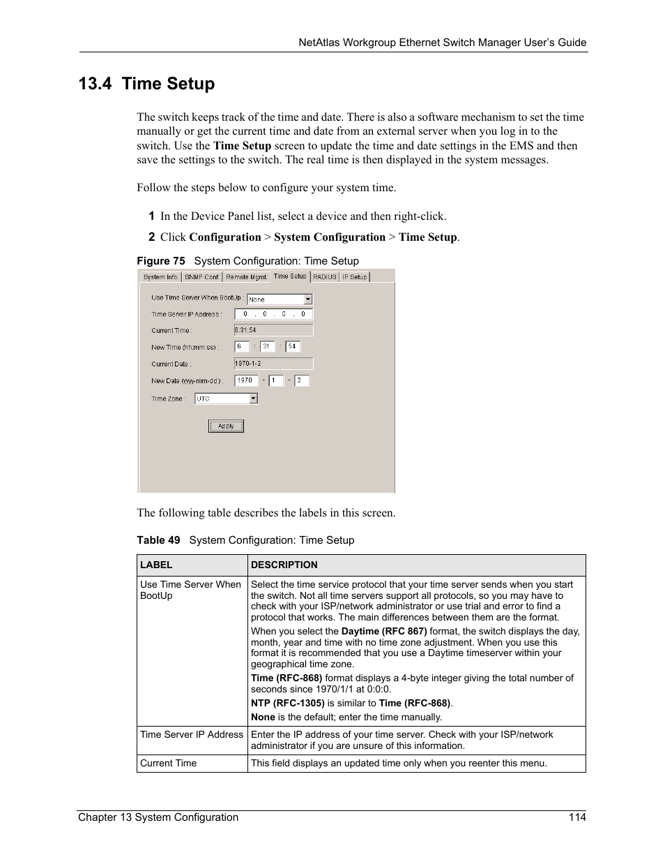4 time setup, Figure 75 system configuration: time setup, Table 49 system configuration: time setup | ZyXEL Communications NetAtlas Workgroup User Manual | Page 114 / 199