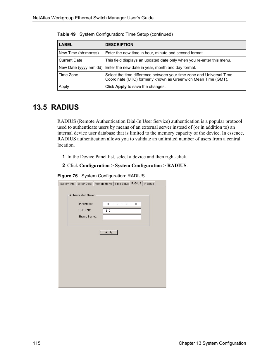 5 radius, Figure 76 system configuration: radius | ZyXEL Communications NetAtlas Workgroup User Manual | Page 115 / 199