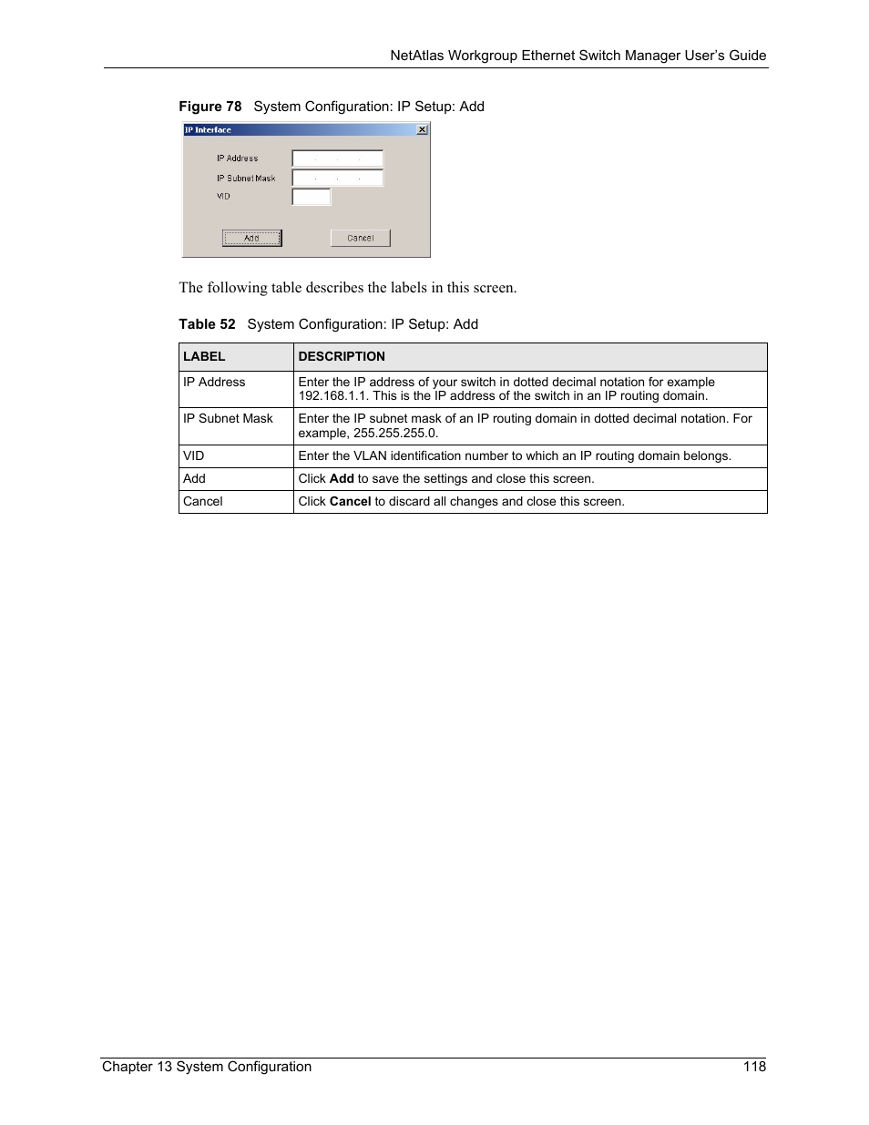 Figure 78 system configuration: ip setup: add, Table 52 system configuration: ip setup: add | ZyXEL Communications NetAtlas Workgroup User Manual | Page 118 / 199