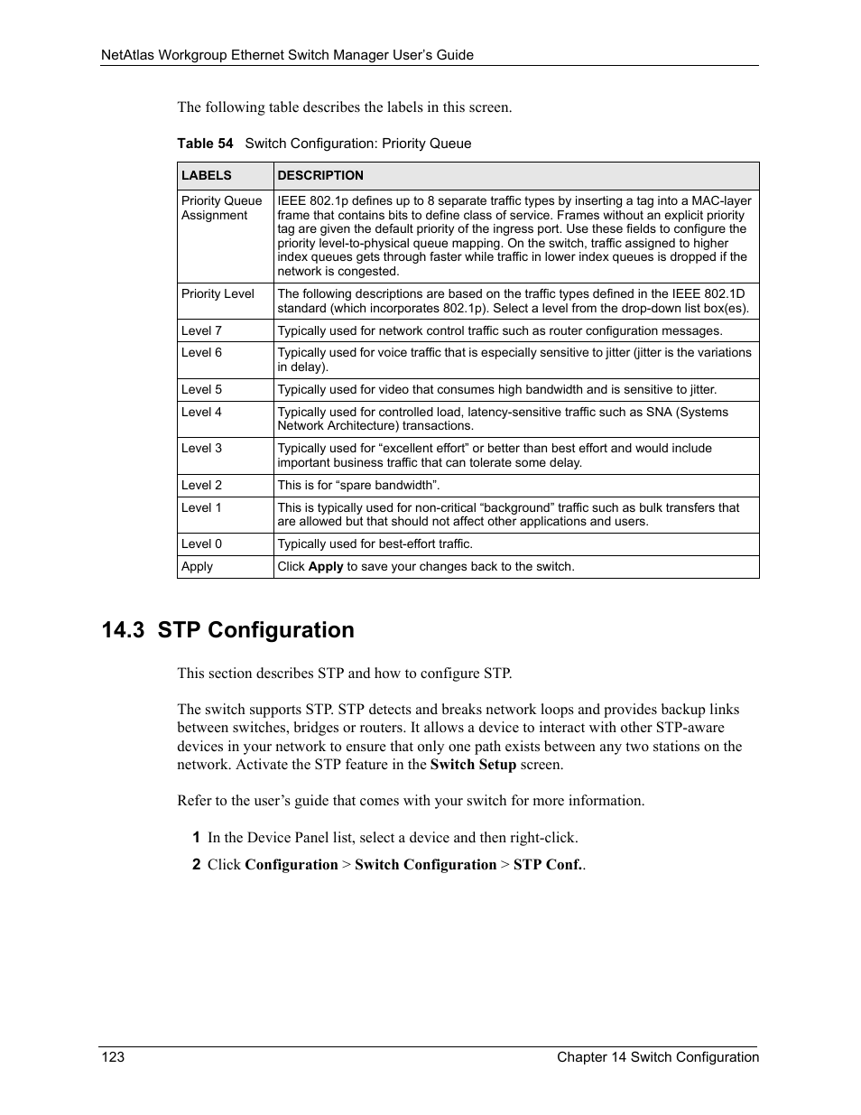 3 stp configuration, Table 54 switch configuration: priority queue | ZyXEL Communications NetAtlas Workgroup User Manual | Page 123 / 199