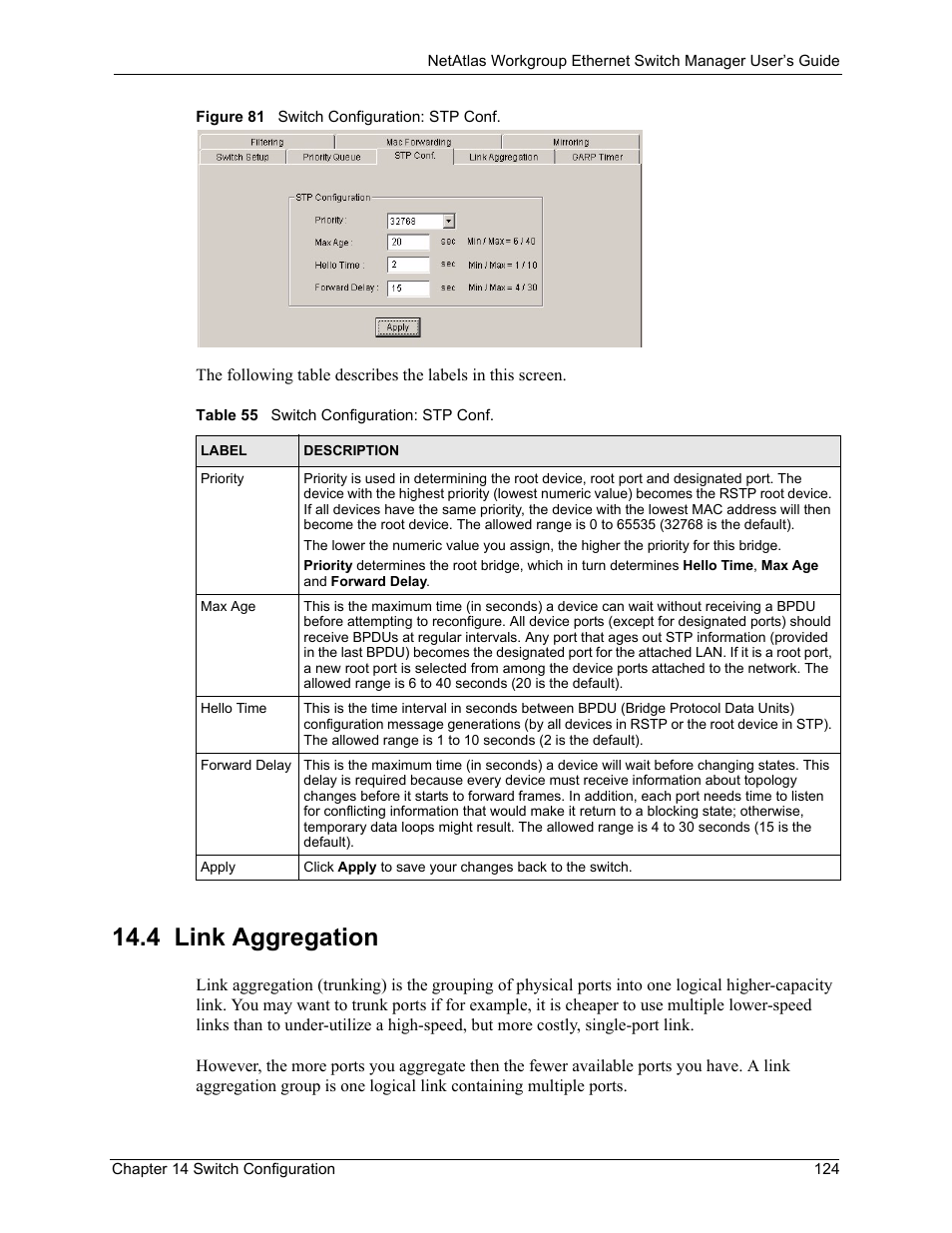 4 link aggregation, Figure 81 switch configuration: stp conf, Table 55 switch configuration: stp conf | ZyXEL Communications NetAtlas Workgroup User Manual | Page 124 / 199
