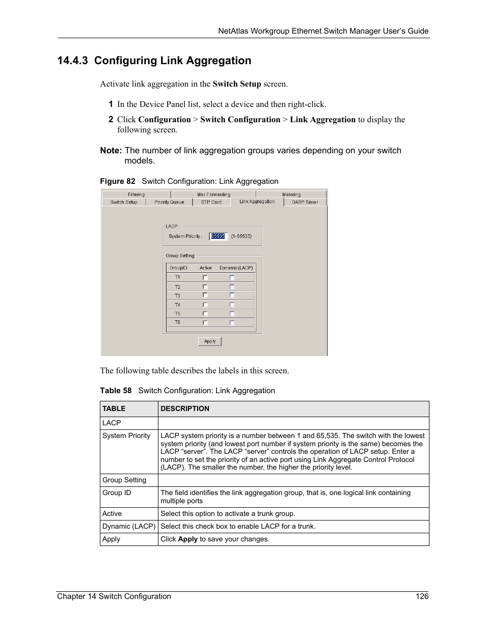 3 configuring link aggregation, Figure 82 switch configuration: link aggregation, Table 58 switch configuration: link aggregation | ZyXEL Communications NetAtlas Workgroup User Manual | Page 126 / 199