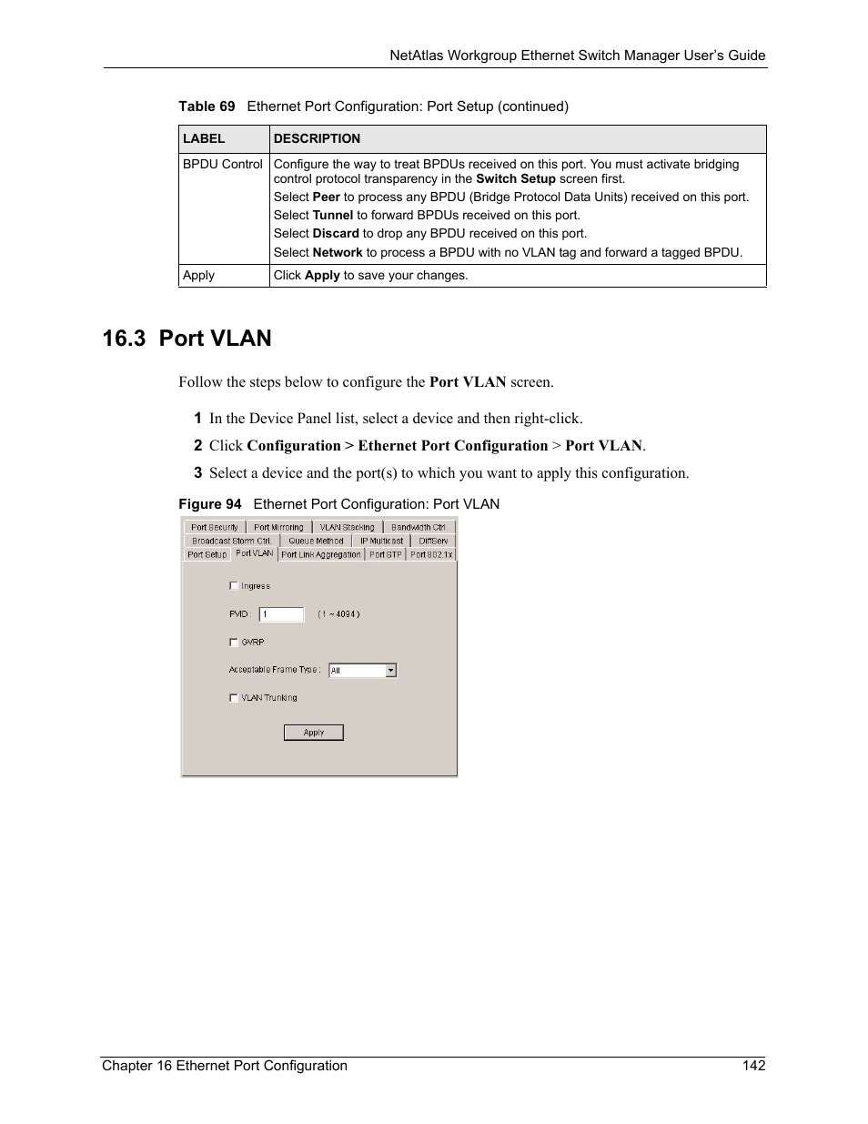 3 port vlan, Figure 94 ethernet port configuration: port vlan | ZyXEL Communications NetAtlas Workgroup User Manual | Page 142 / 199